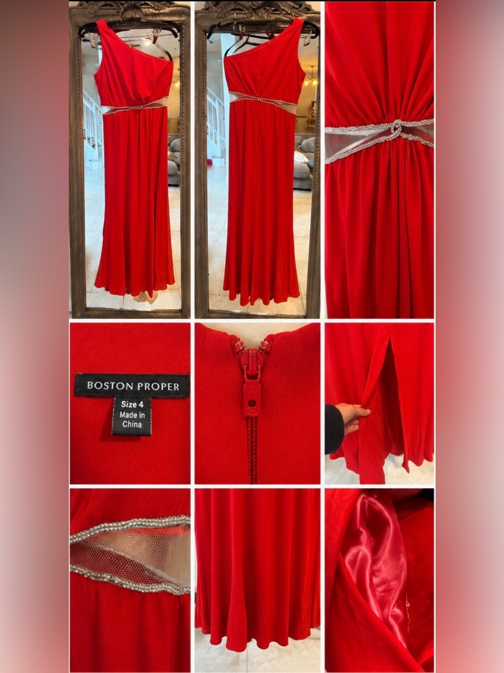Boston Proper Red Maxi Skirt with Silver Metallic Waist